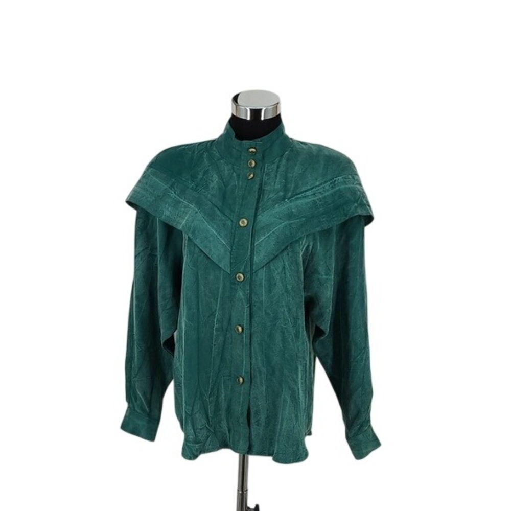 Vintage Bonnie Boynton Green Rayon Western Yoke Blouse Button Down Top Medium